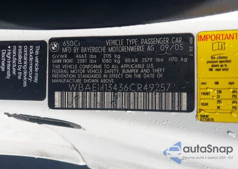 2006 BMW 650I из США, поврежденный, VIN WBAEH13436CR49257